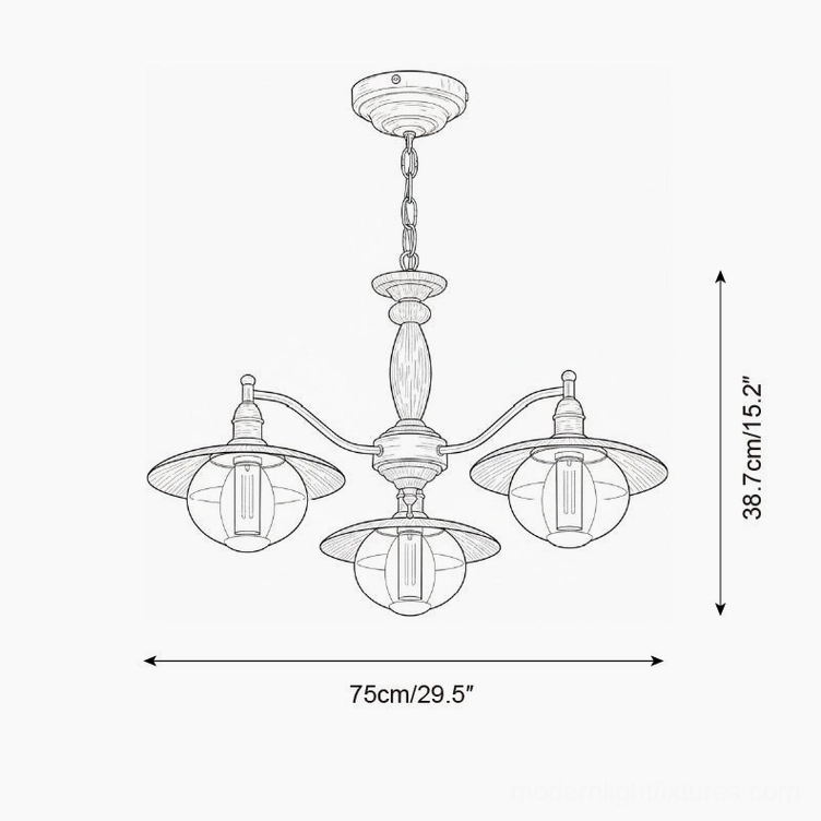 3-light coachlight globe chandelier technical schematic - orthographic dimension drawing showing 75cm width and 38.7cm height
