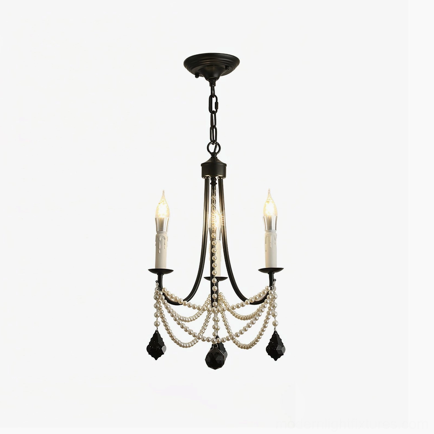 3-head compact black pearl crystal chandelier in intimate bedroom or small room lighting application