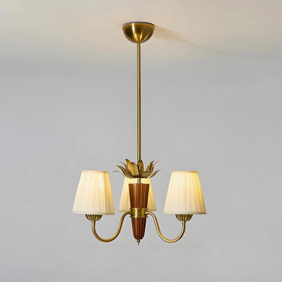 3-head compact mid-century modern chandelier with brass gold frame and pleated fabric shades