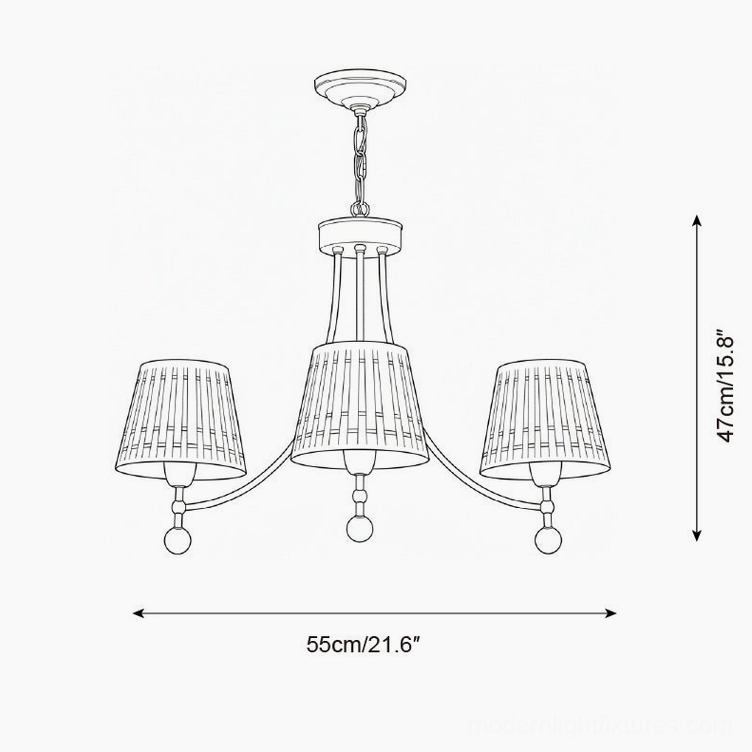 3-Head Woven Cotton Chandelier Technical Dimension Drawing - 55cm Diameter x 47cm Height