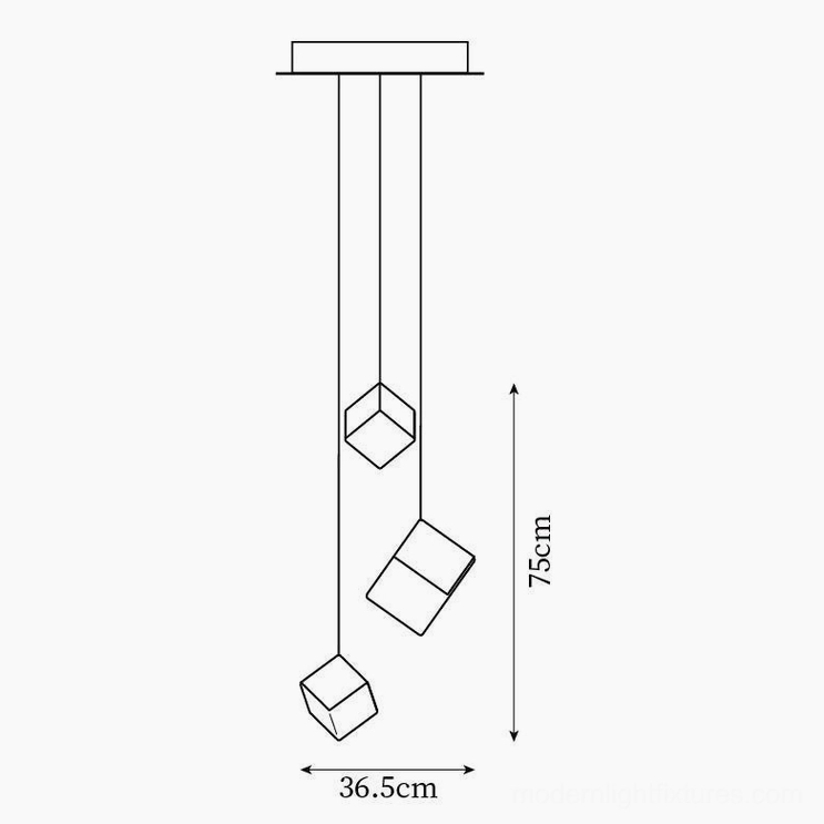 3-head geometric cube chandelier technical specification diagram 36.5cm width