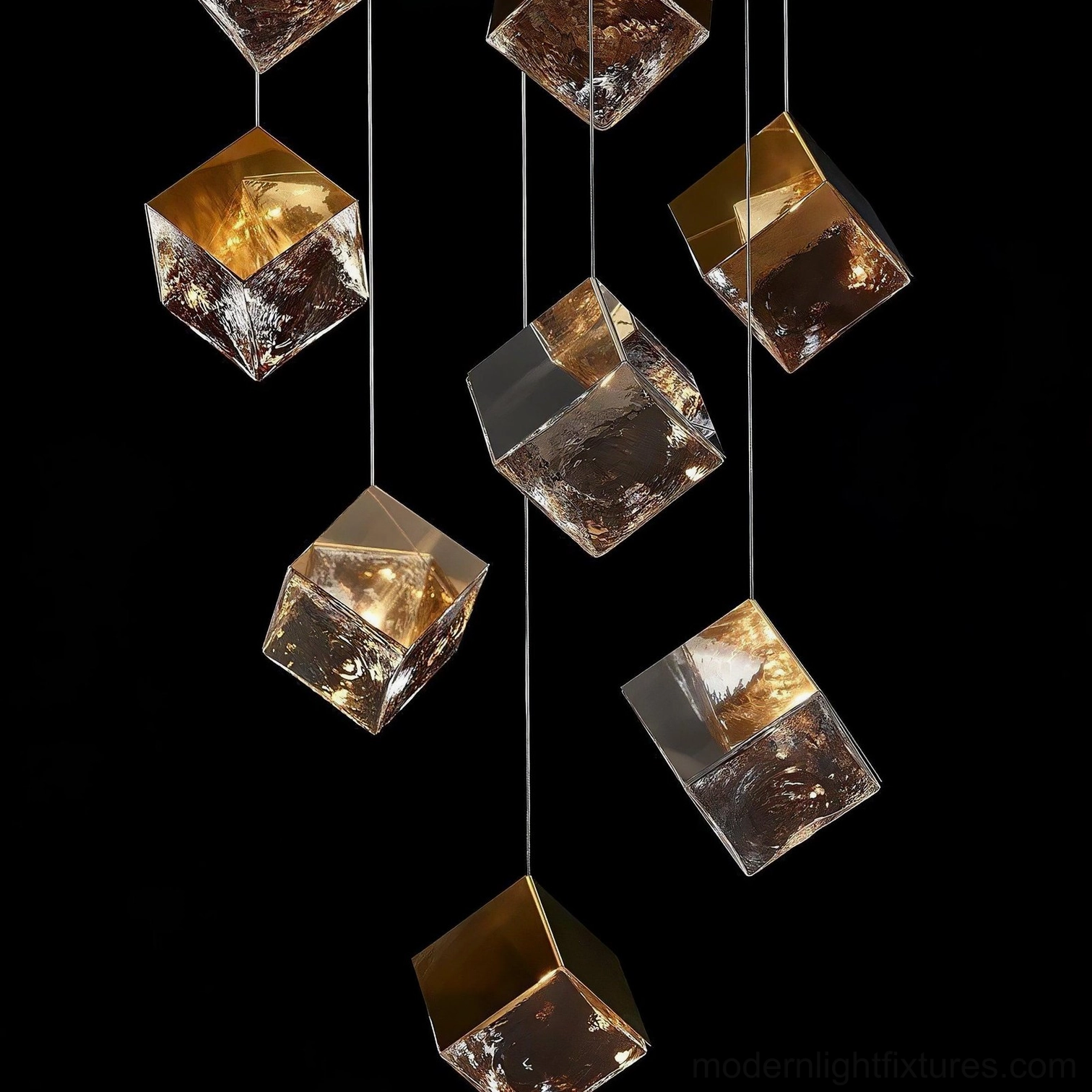 Contemporary 3-head cube pendant light warm illumination interior ambiance
