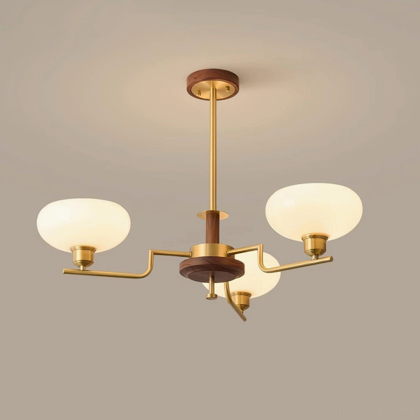 3-head modern glass pendant chandelier with wood color and brass finish compact size residential installation