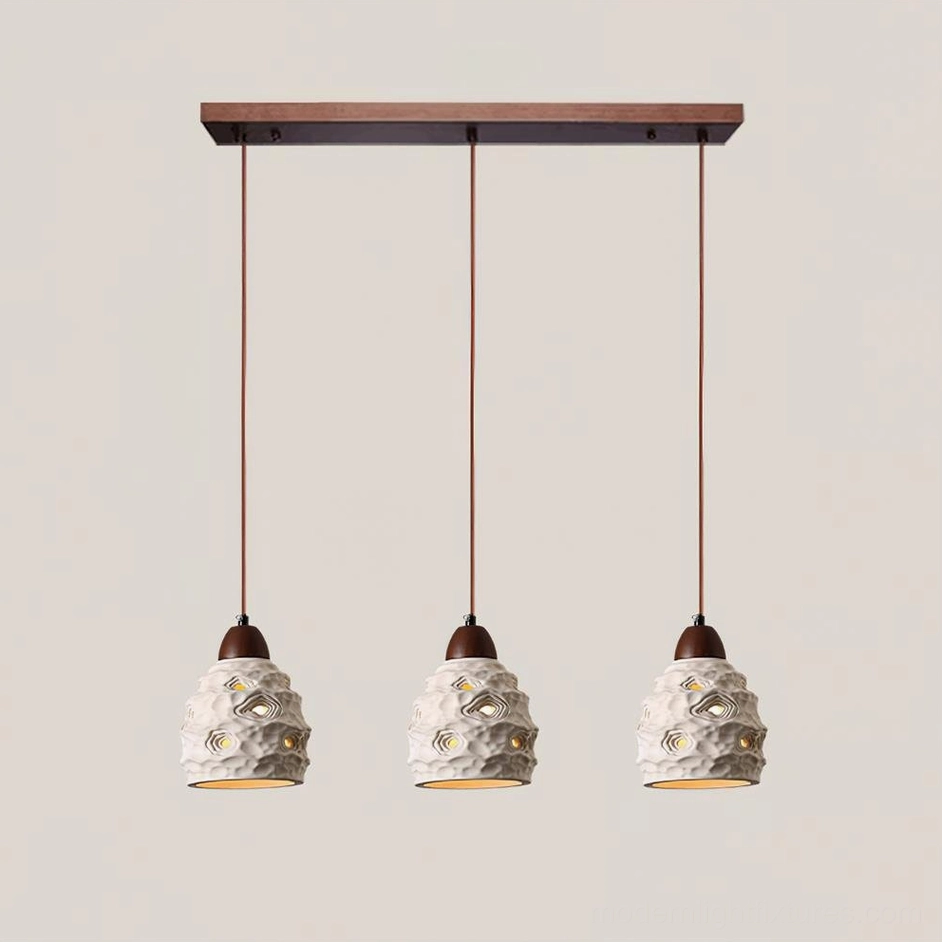 3-head linear ceramic pendant light installation in spacious modern dining room with organic material aesthetic