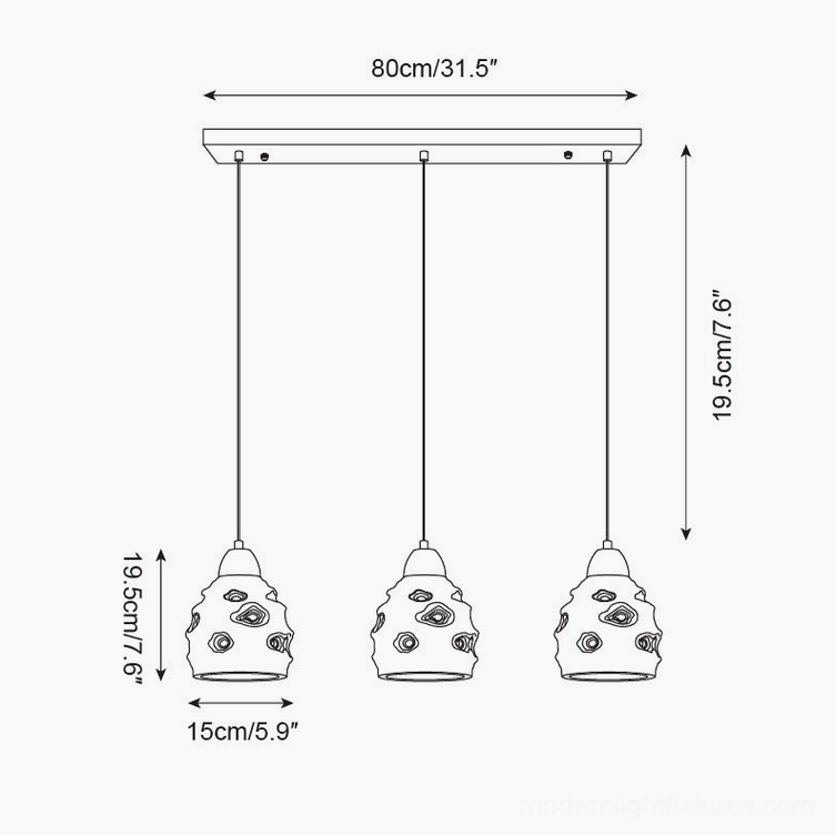 3-head linear ceramic pendant light orthographic top-down technical view with 80cm width dimensions