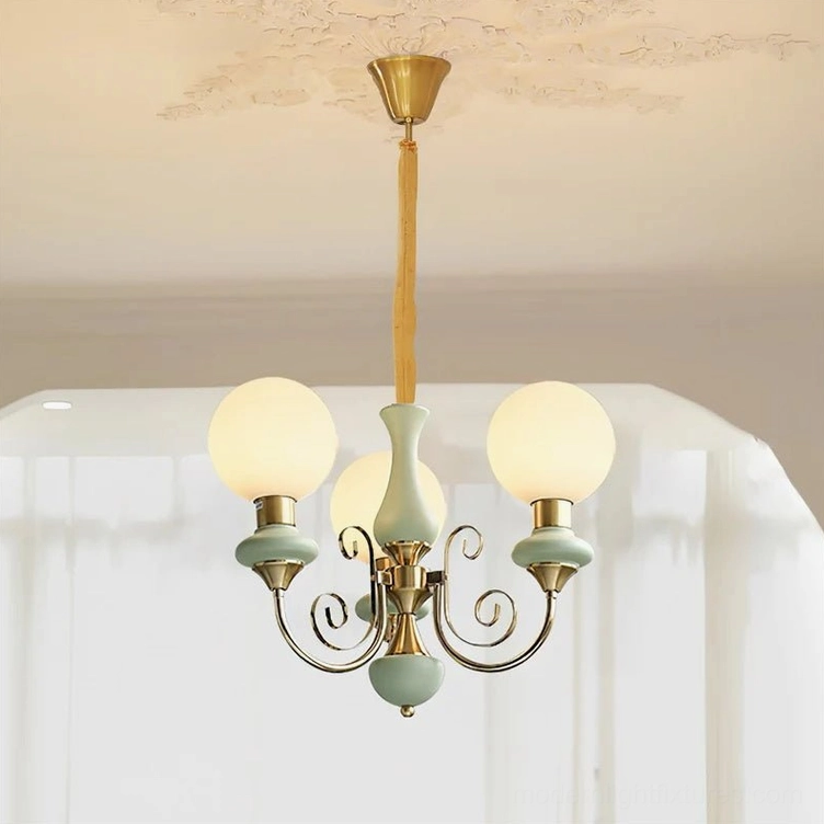 3-head modern glass chandelier, compact size with frosted white spherical shades