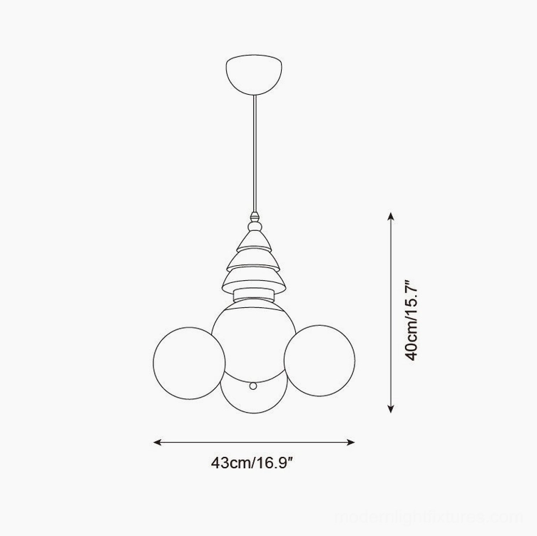 Technical specification drawing of 3-head pastel pendant light with exact dimensions