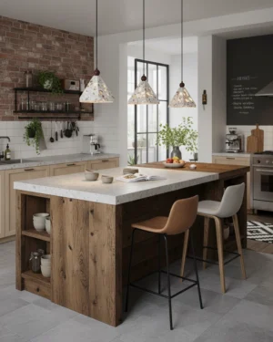 Three-head terrazzo pyramid pendant light set installed above industrial kitchen island with brick wall and wooden dining area