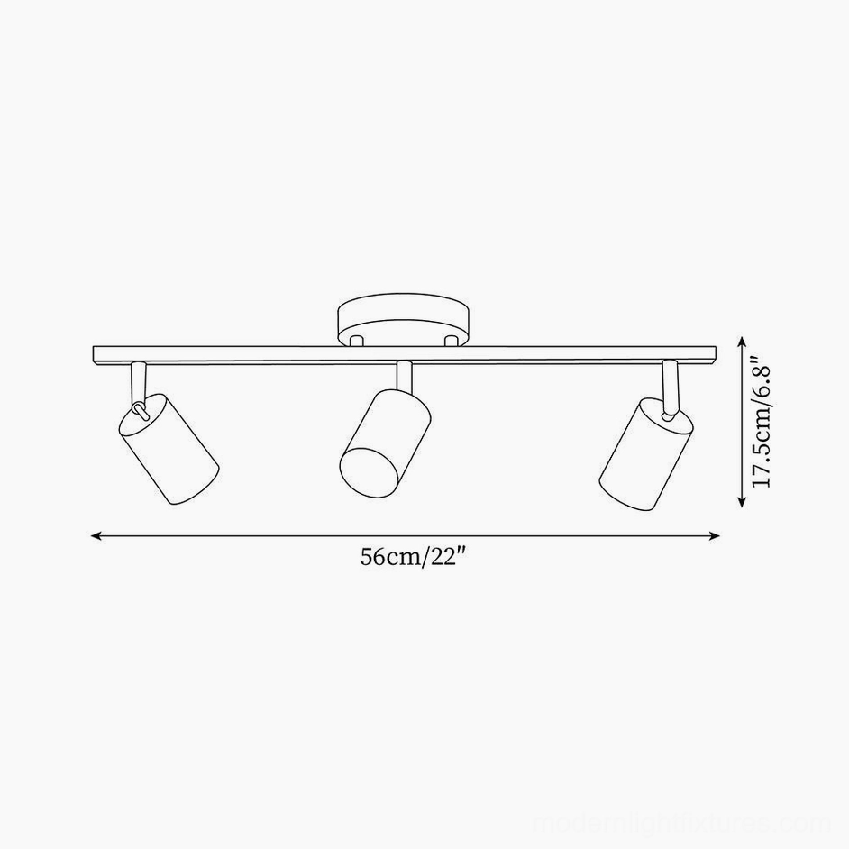 3-head track lighting technical schematic, top-down dimensional drawing showing 56cm or 22 inches total length
