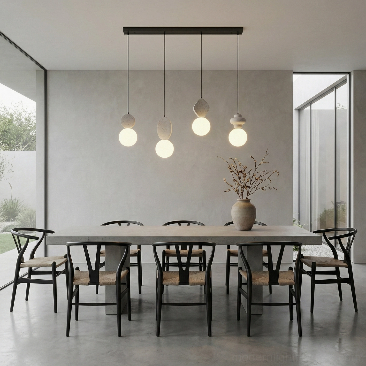 Cenari 3-head linear pendant lamp showing balanced spacing of sculptural travertine and glass units for dining areas