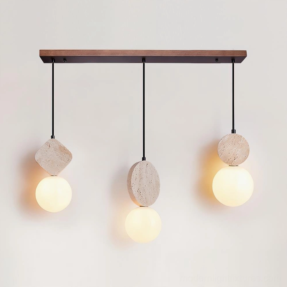 Cenari 3-head travertine pendant lamp 60cm width in beige and white for medium island and dining installations