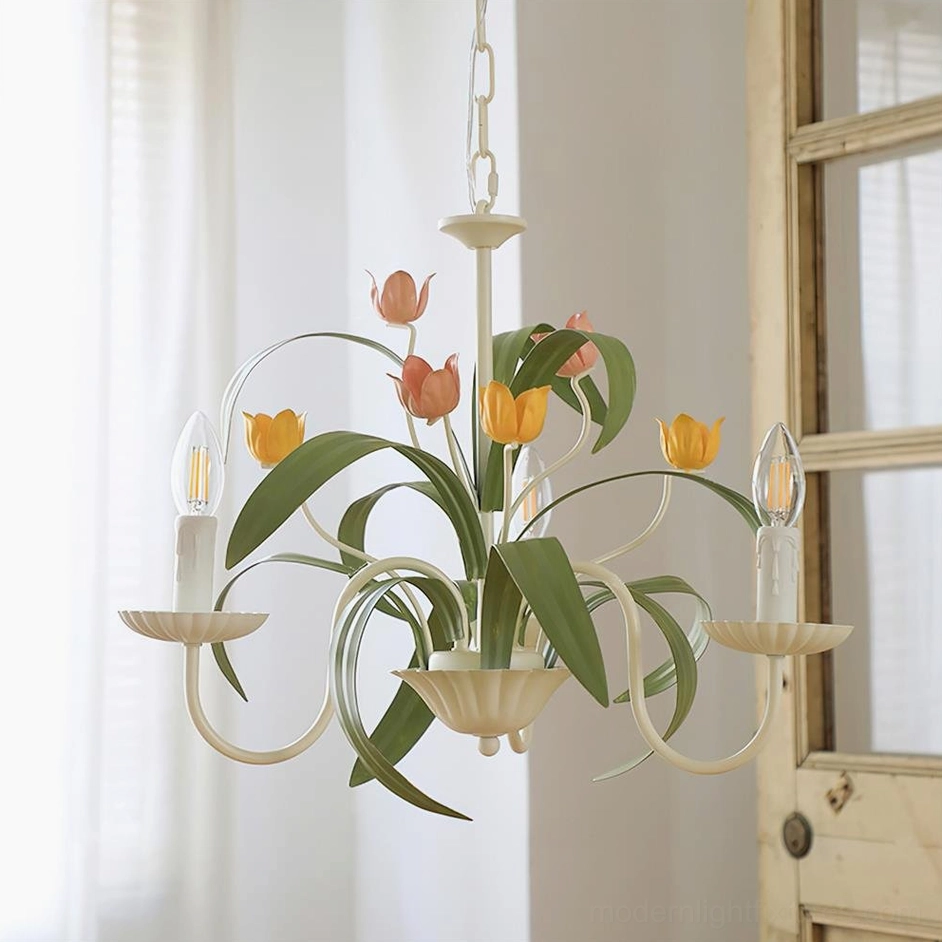 3-head tulip pendant chandelier green color option ivory metal frame candle sockets