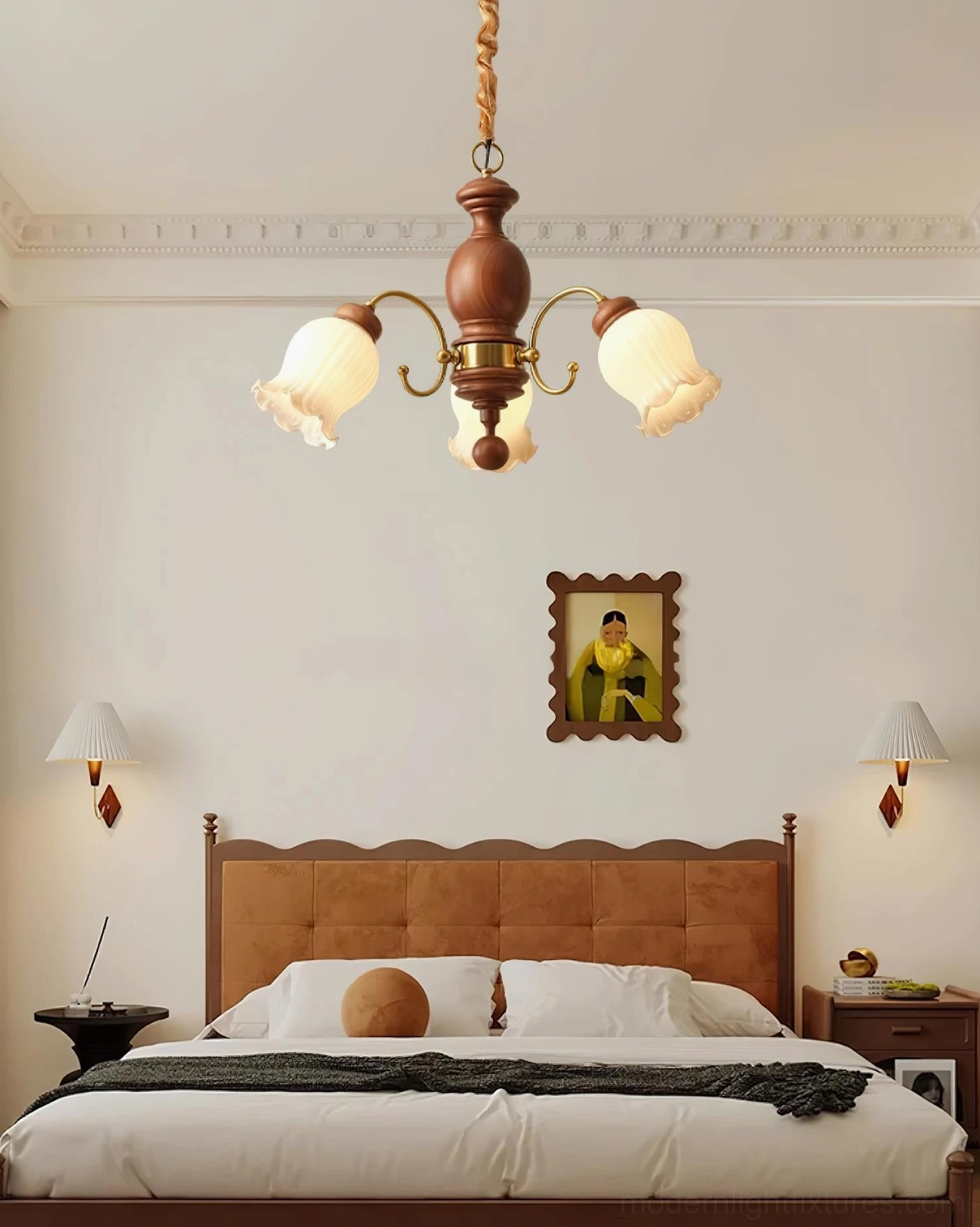 3-head lily of the valley pendant chandelier in master bedroom with leather headboard warm lighting