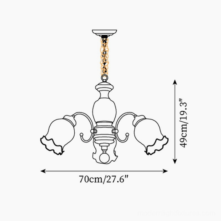 3-head wood chandelier technical specifications diagram 70cm width 49cm height