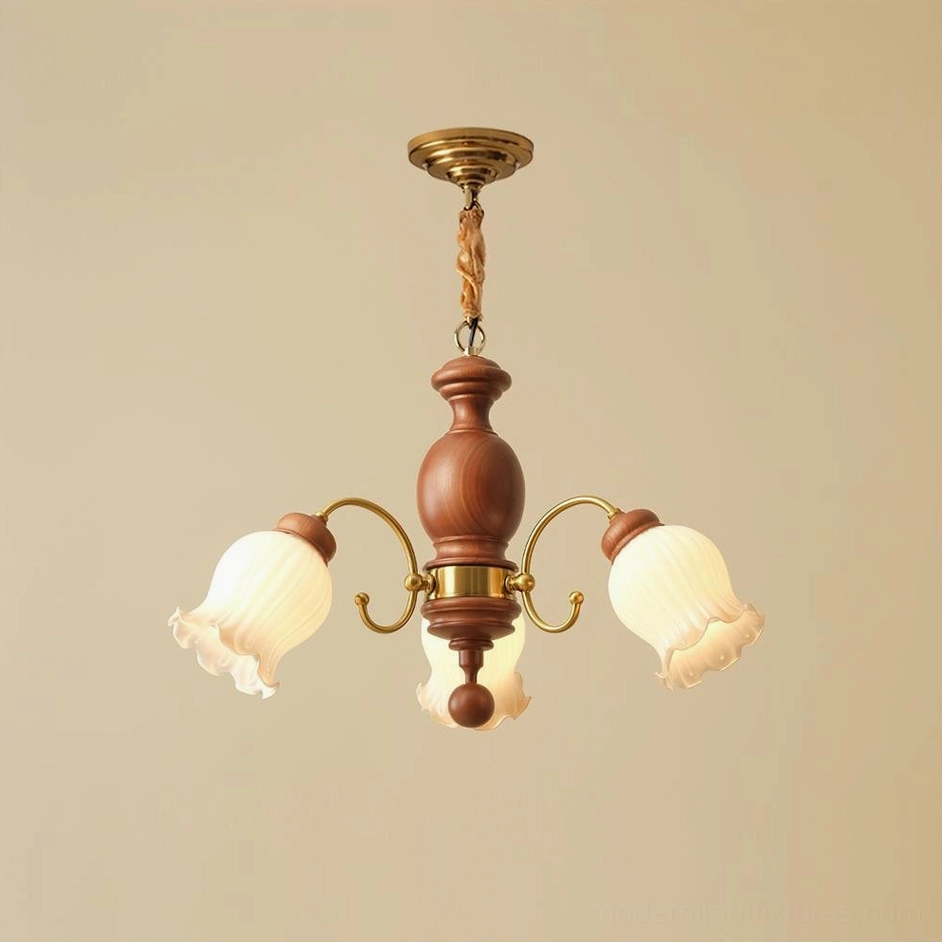 3-head vintage lily of the valley wood chandelier walnut color and white finish variant