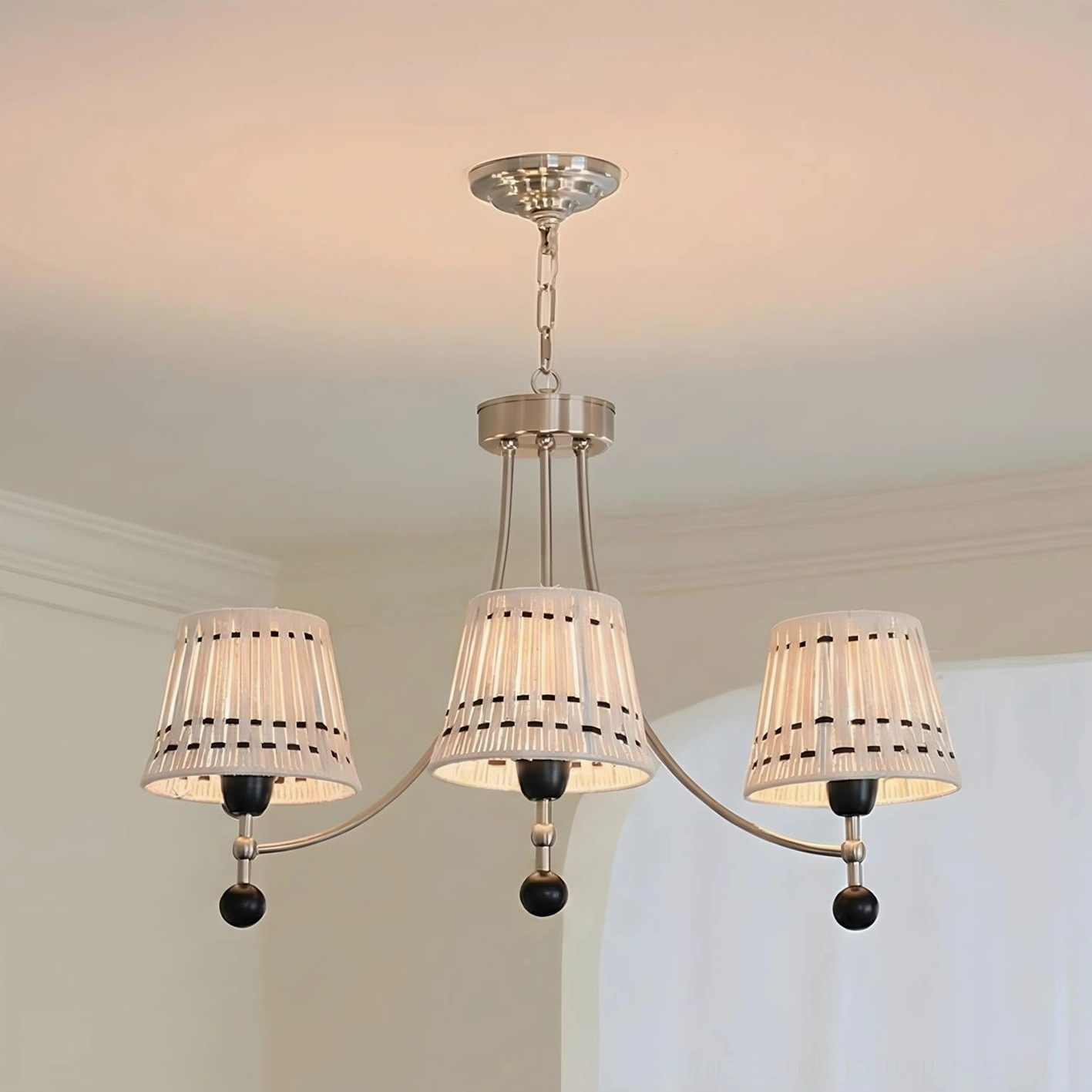 3-Head Woven Cotton Chandelier in Brushed Nickel & White - Intimate Dining Room Lighting