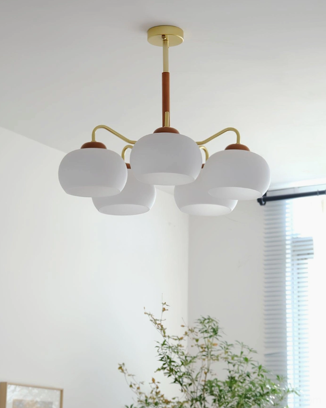3-light brass wood pendant chandelier with frosted glass shades Scandinavian style lighting