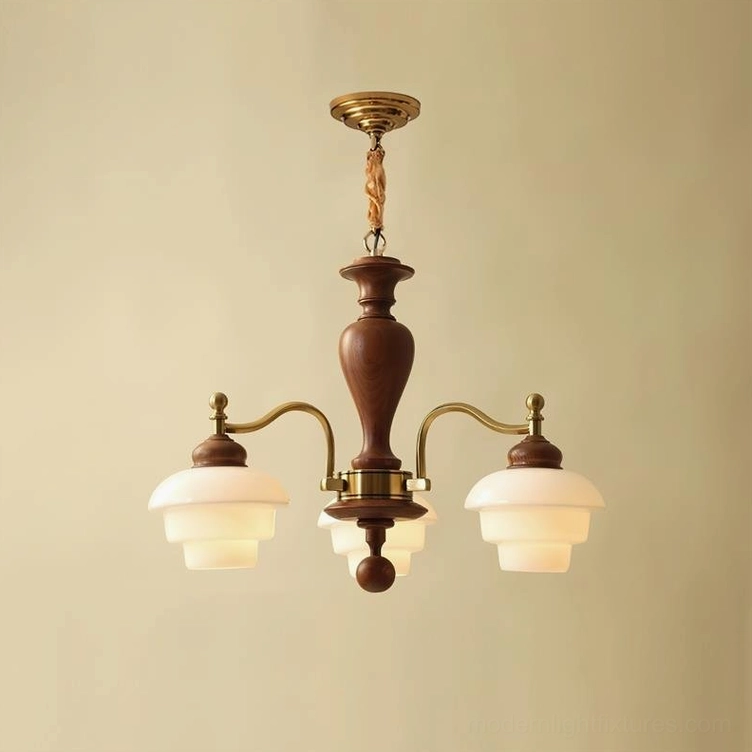 3-light compact vintage chandelier with gold and walnut wood finish - detailed product view
