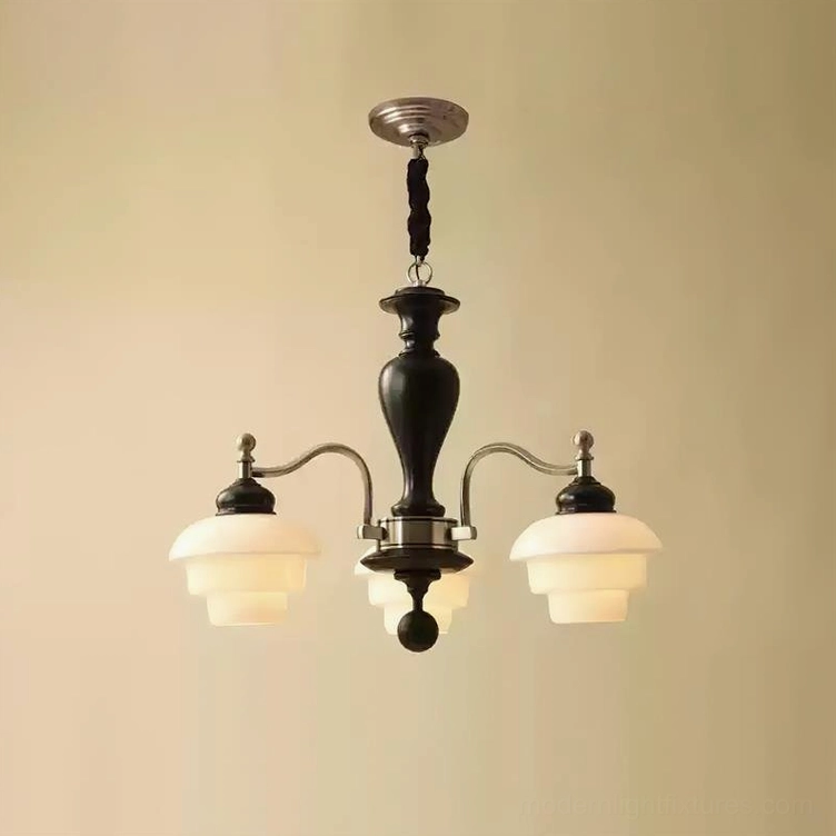 3-light compact vintage wood and metal chandelier - nickel and black finish with frosted glass shades
