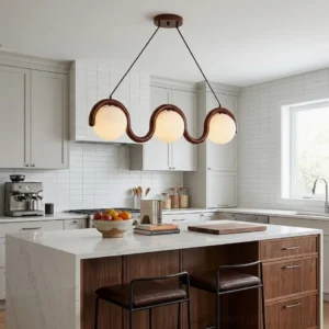 3-light modern kitchen island pendant lamp installed above brown kitchen counter with wave-frame metal design