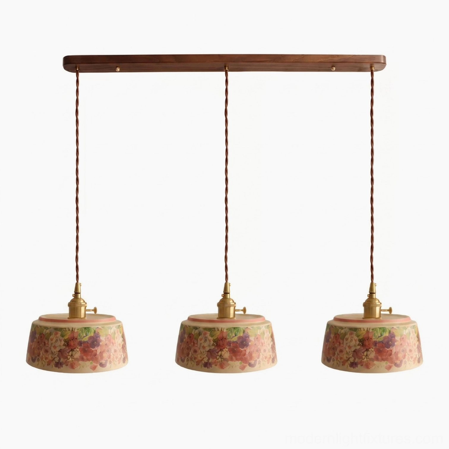 3-light linear watercolor ceramic pendant light with natural wood bar for kitchen island or dining table