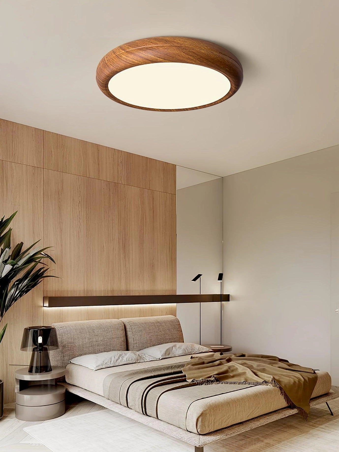 30cm compact walnut wood grain ceiling light ideal for small bedrooms, studies, and hallways