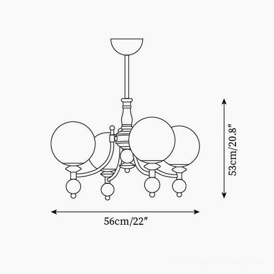 Technical line drawing schematic of 4-head retro globe chandelier - 56cm wide dimensions specification