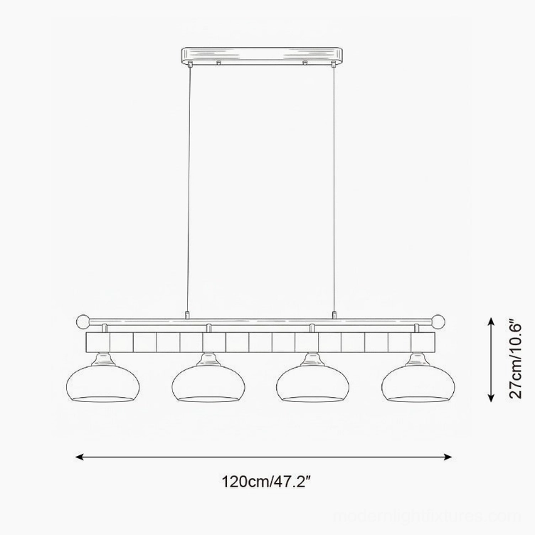 Technical blueprint of 4-head linear pendant light with dome glass shades and technical measurements 120cm x 27cm