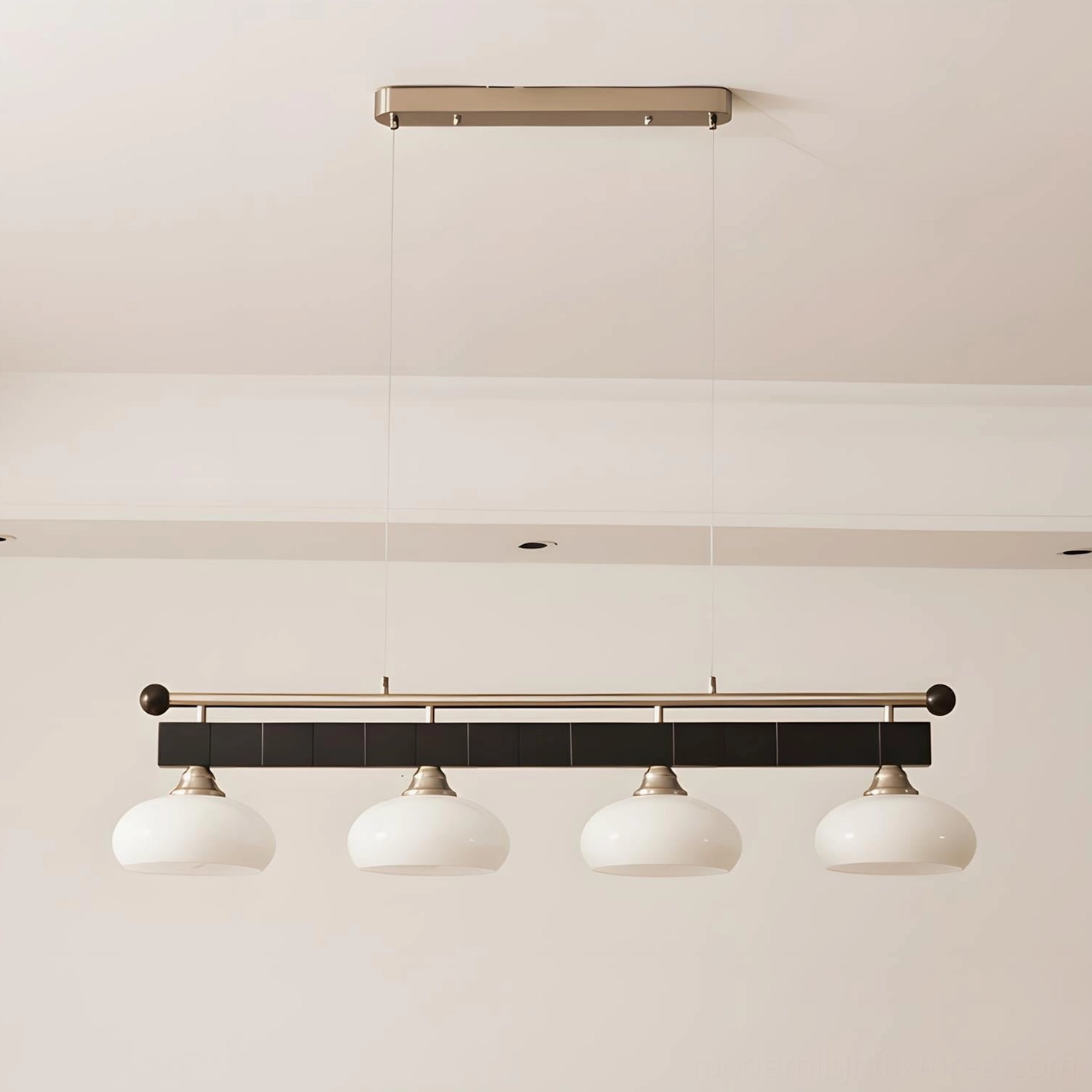 4-head linear chandelier with wave metal design and frosted glass domes providing even ambient illumination