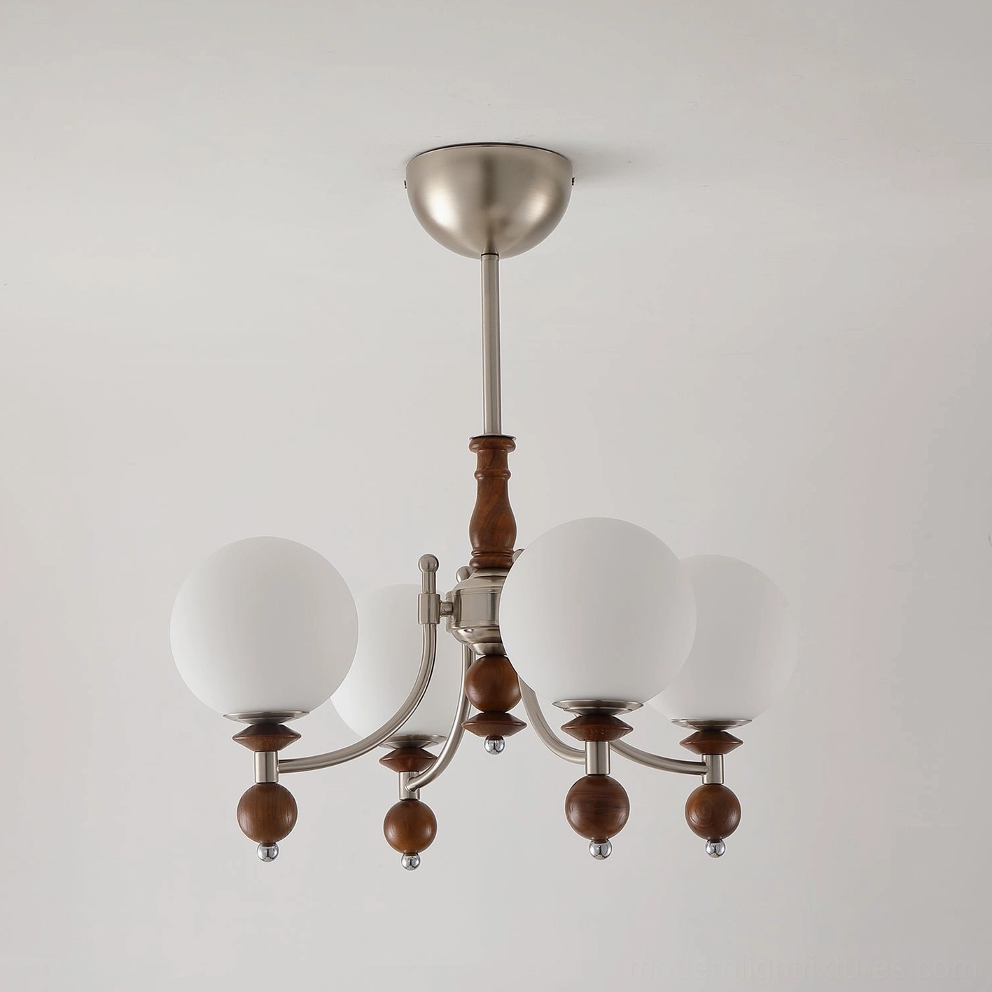 4-head retro globe chandelier with nickel and walnut finish - mid-century modern pendant light for smaller spaces