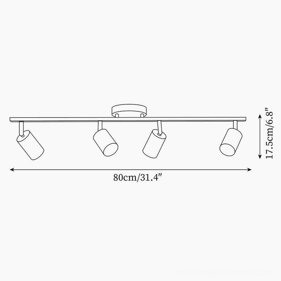 4-head adjustable ceiling track light schematic, orthographic top view with 80cm or 31.4 inch dimensions