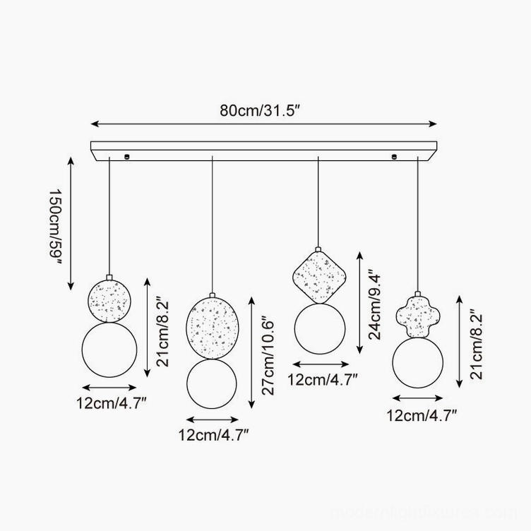 Cenari 4-head travertine glass pendant lamp technical design showing 80cm width for large kitchen island installations
