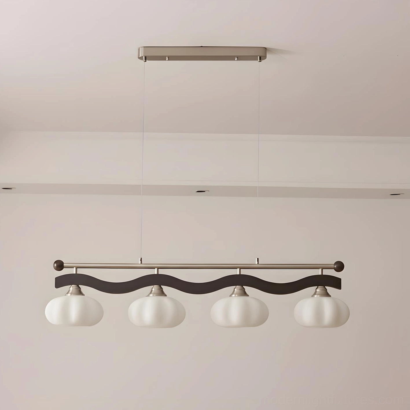 4-head wave linear chandelier with brushed nickel finish and frosted glass shades modern design detail
