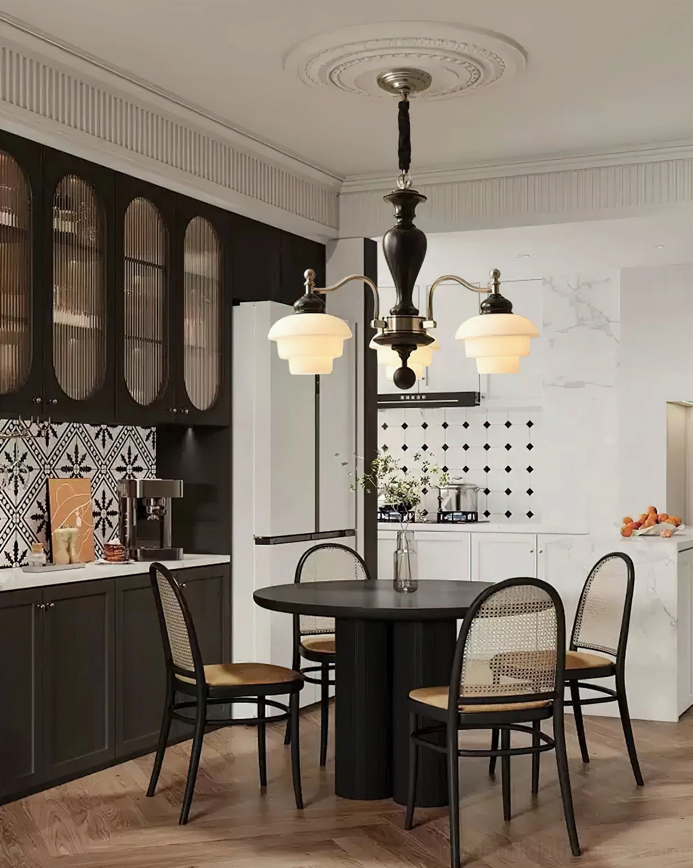 4-light compact vintage chandelier in kitchen dining room hybrid space - black metal and dark wood frame with simple opal glass shades