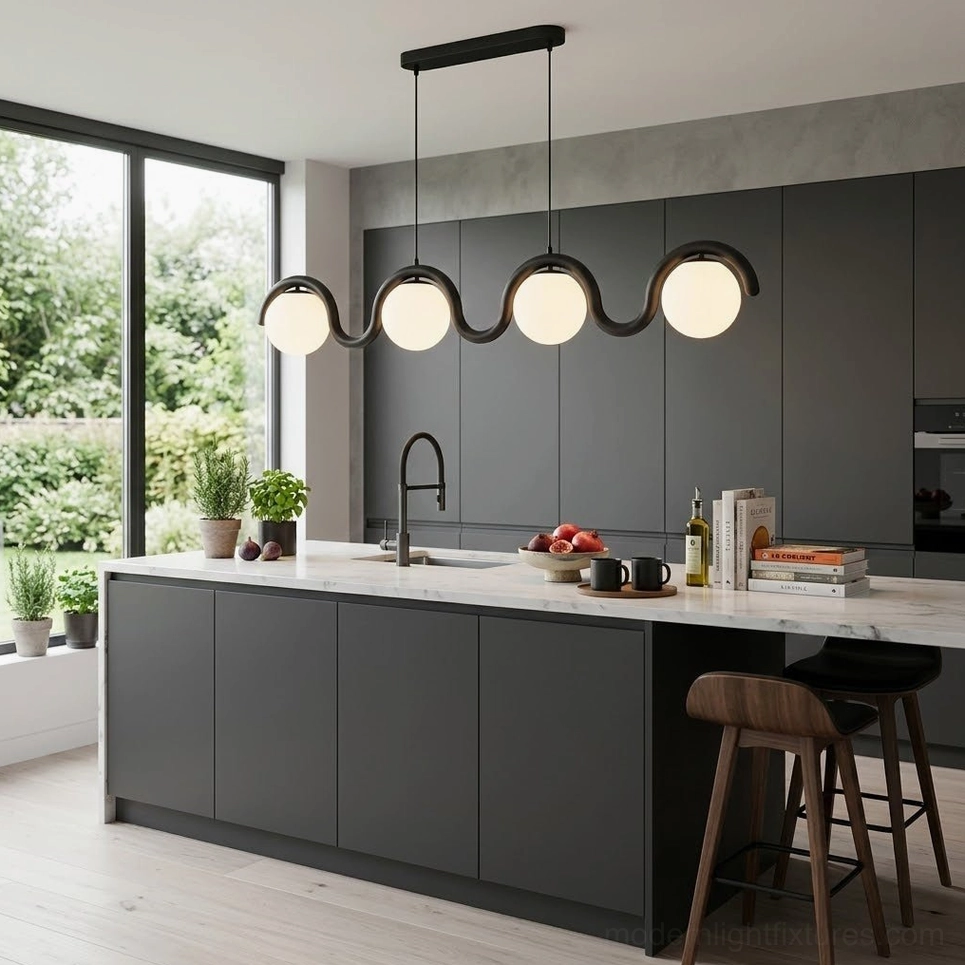 Contemporary 4-light kitchen wave pendant fixture with matte black frame and frosted glass globes