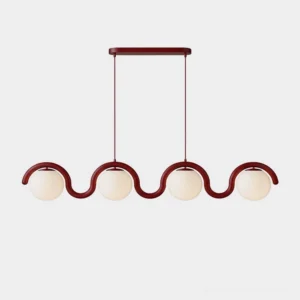 Modern 4-light linear wave pendant lamp with wine red metal frame and frosted white glass shades on plain studio background