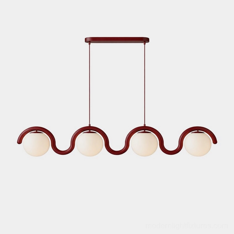 Modern 4-light linear wave pendant lamp with wine red metal frame and frosted white glass shades on plain studio background