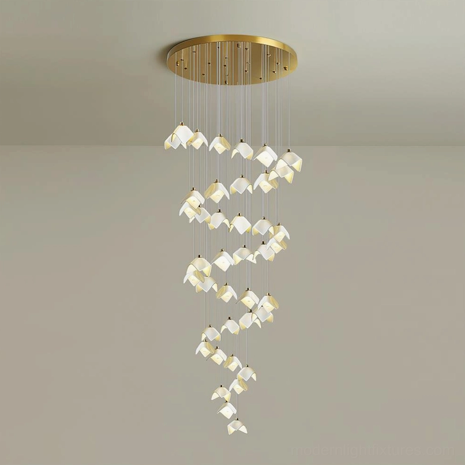 Cascading bloom 40-head chandelier installed in commercial luxury space with dramatic vertical presence