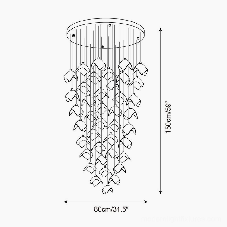 Technical schematic of 40-head cascading bloom chandelier showing 80cm diameter and 150cm height specifications