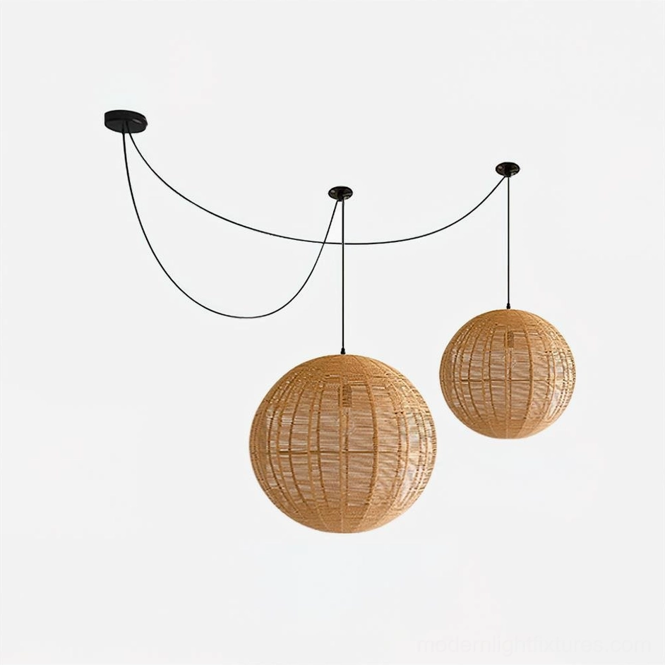 Dual size rattan pendant lamps 40cm and 50cm natural woven spheres together