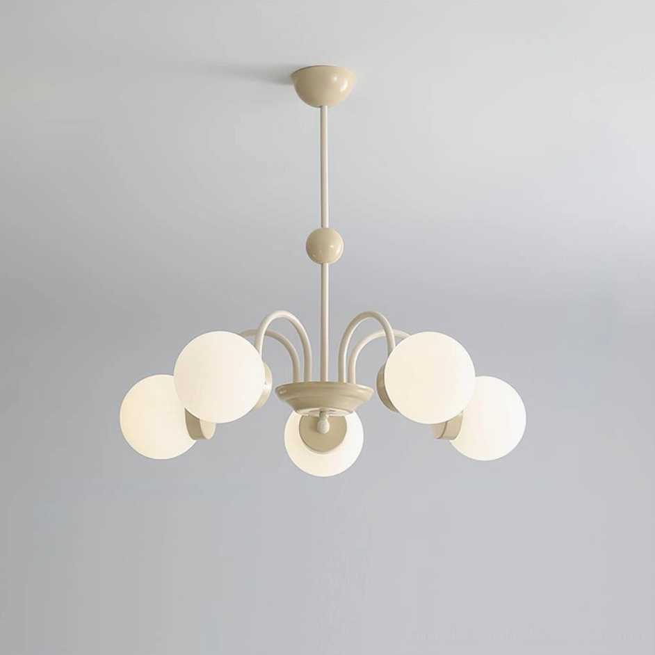 5-head beige and white glass sphere chandelier, compact modern design fixture