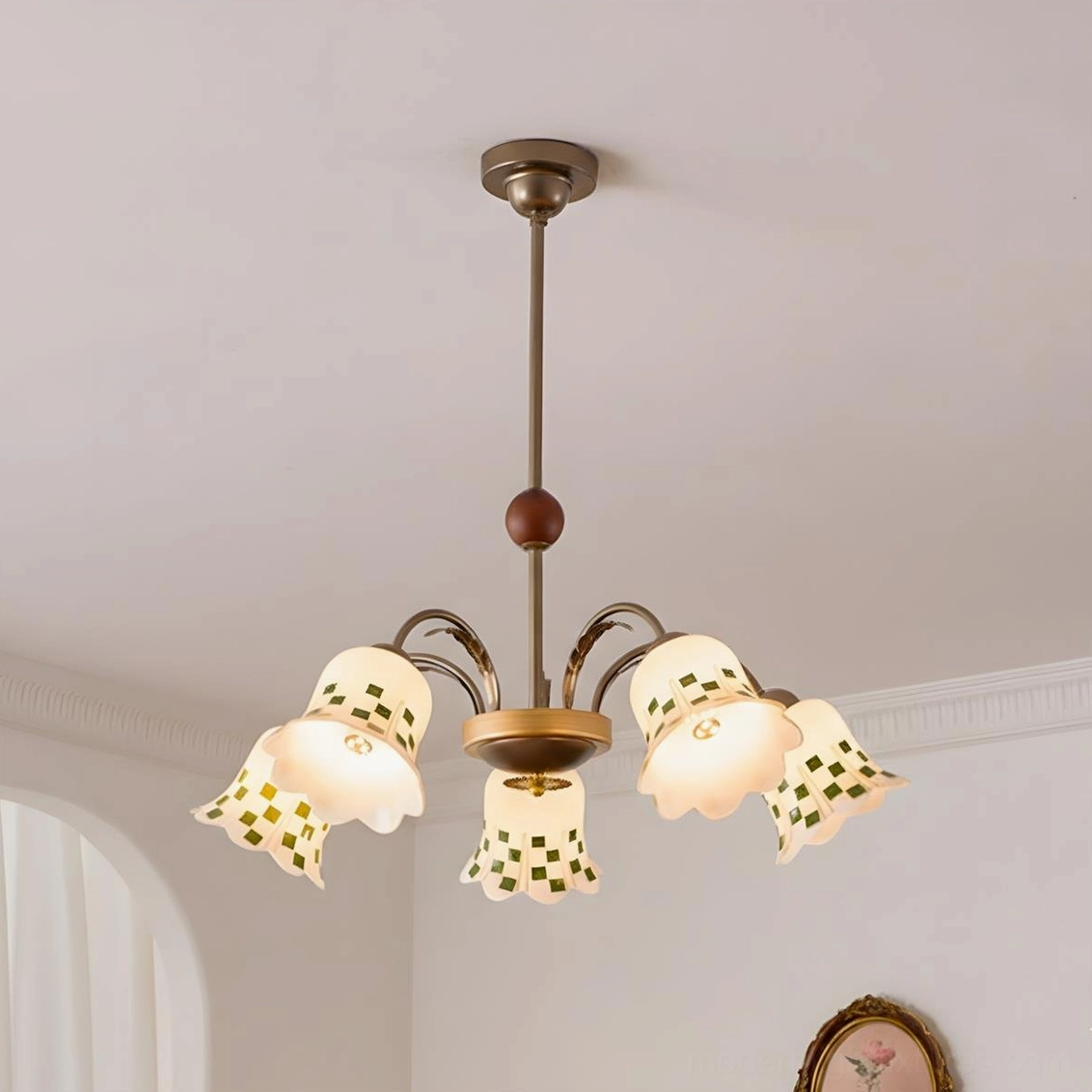 5-head bloom garden vintage chandelier with curved arms and softly scalloped glass shades, studio display