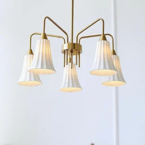 5-head ceramic pendant chandelier close-up polished finish minimal background