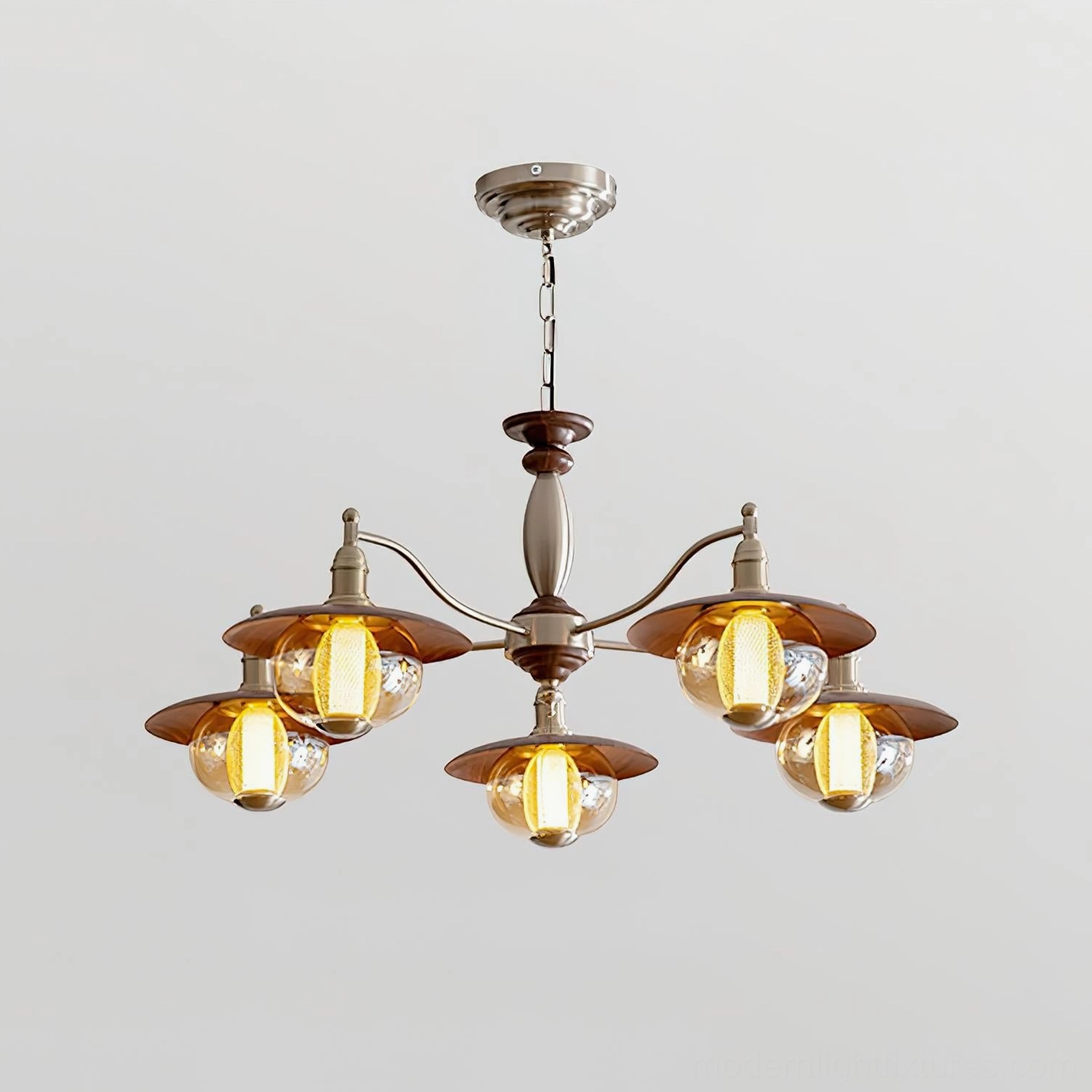 5-head coachlight globe chandelier 110cm width medium rustic fixture - walnut and nickel finish variant