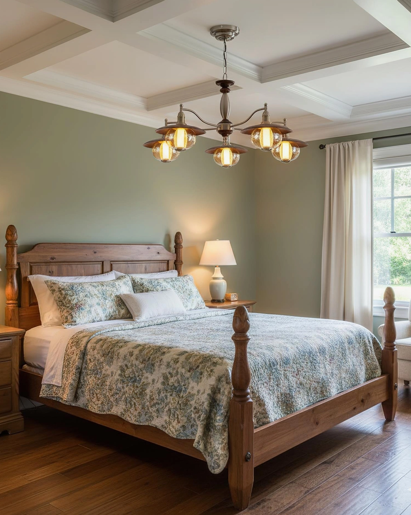 5-light farmhouse coachlight globe chandelier installed on coffered ceiling in master bedroom - warm ambient lighting