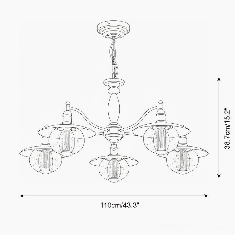 5-light coachlight globe chandelier technical schematic - orthographic dimension drawing showing 110cm width and 38.7cm height