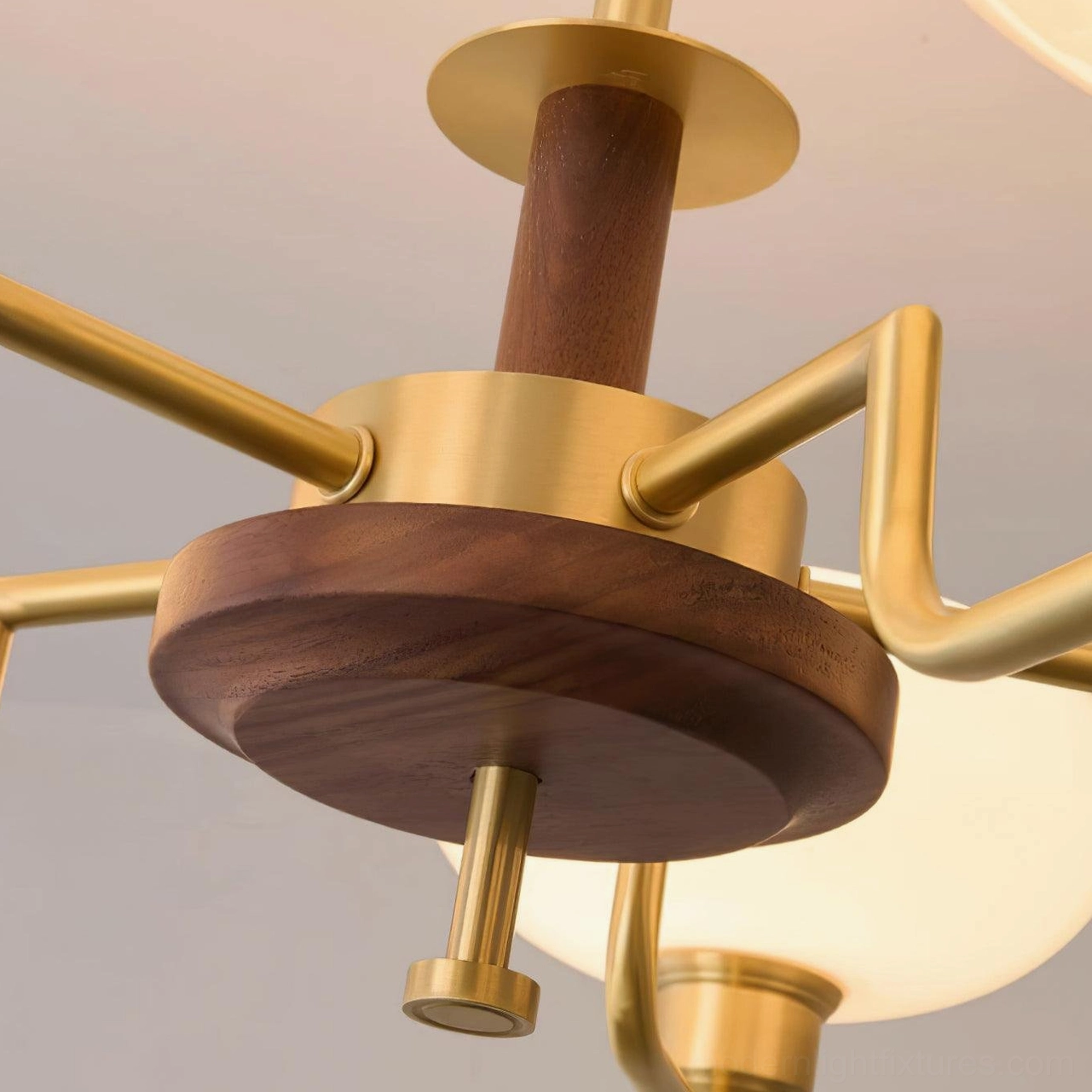 5-head glass pendant chandelier with frosted shades and brass metalwork contemporary dining room application