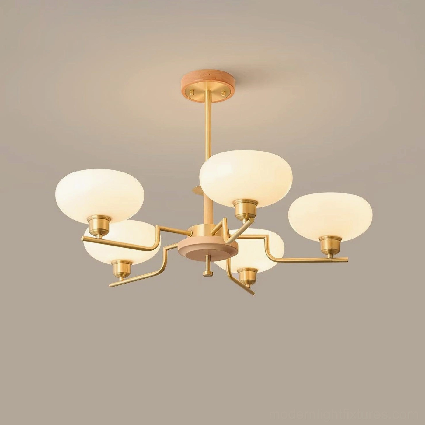 Contemporary 5-head glass pendant chandelier with wood color finish warm minimalist living space installation
