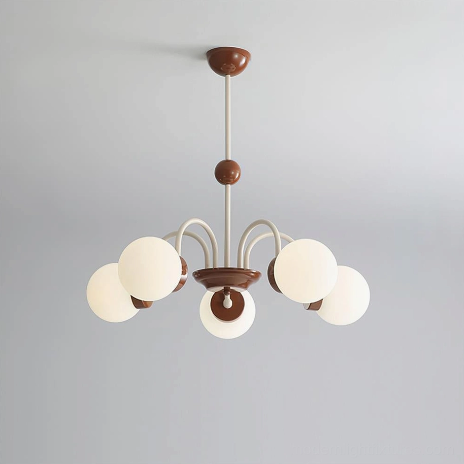 5-head globe chandelier in red-brown and white finish, contemporary pendant light