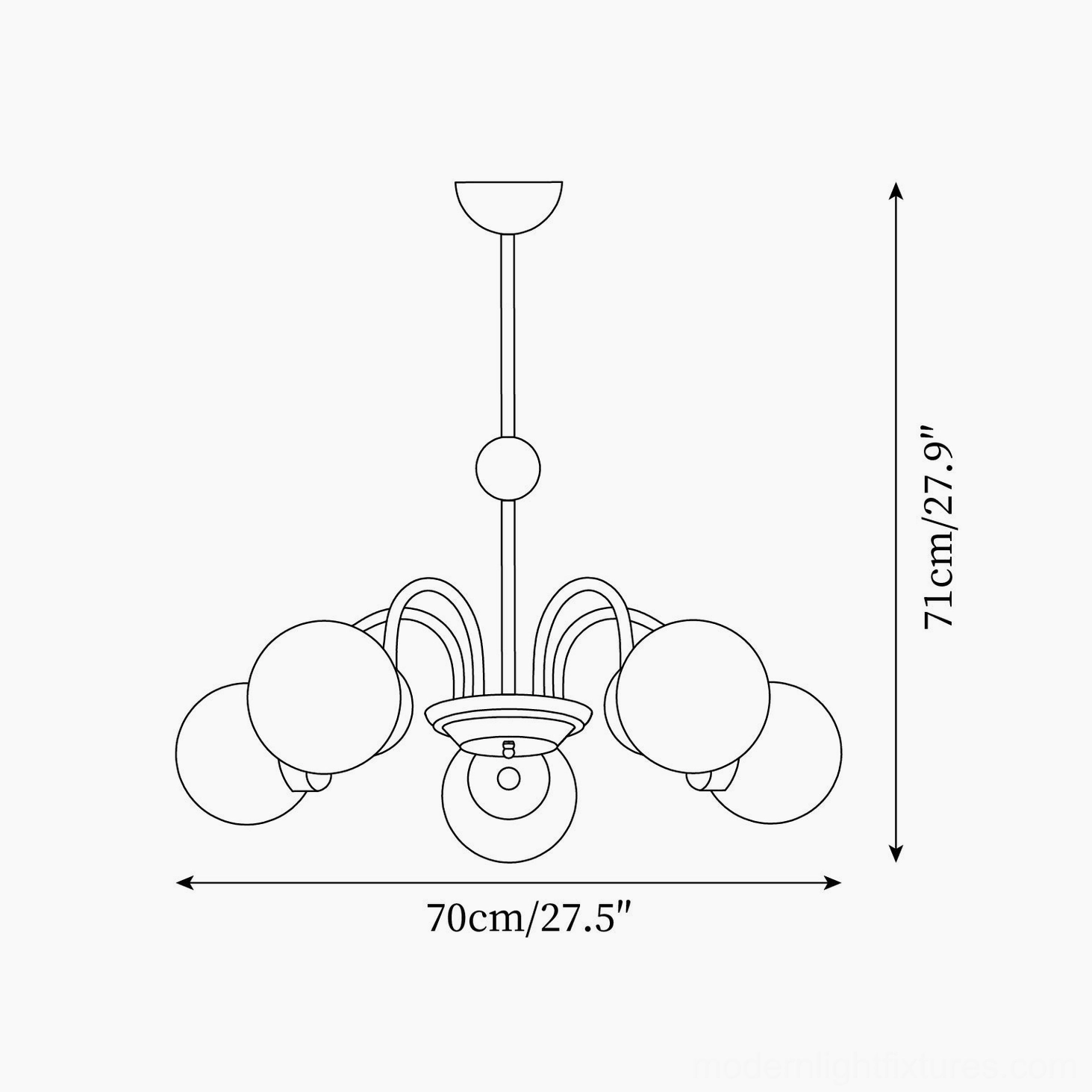 5-head glass globe chandelier technical schematic drawing, 70cm diameter, 71cm height specifications